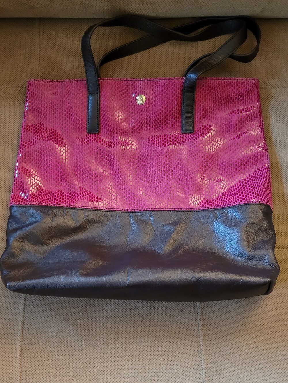A Stunning JPK Colorblock Fucia Ostrich & Black Leather  Large Tote